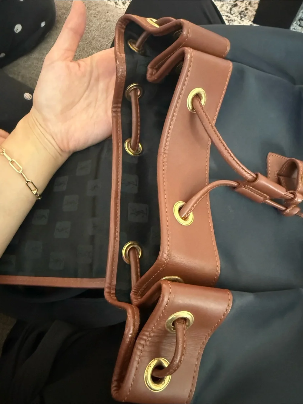 Yves Saint Laurent Navy Blue and Brown Leather-Trim Backpack